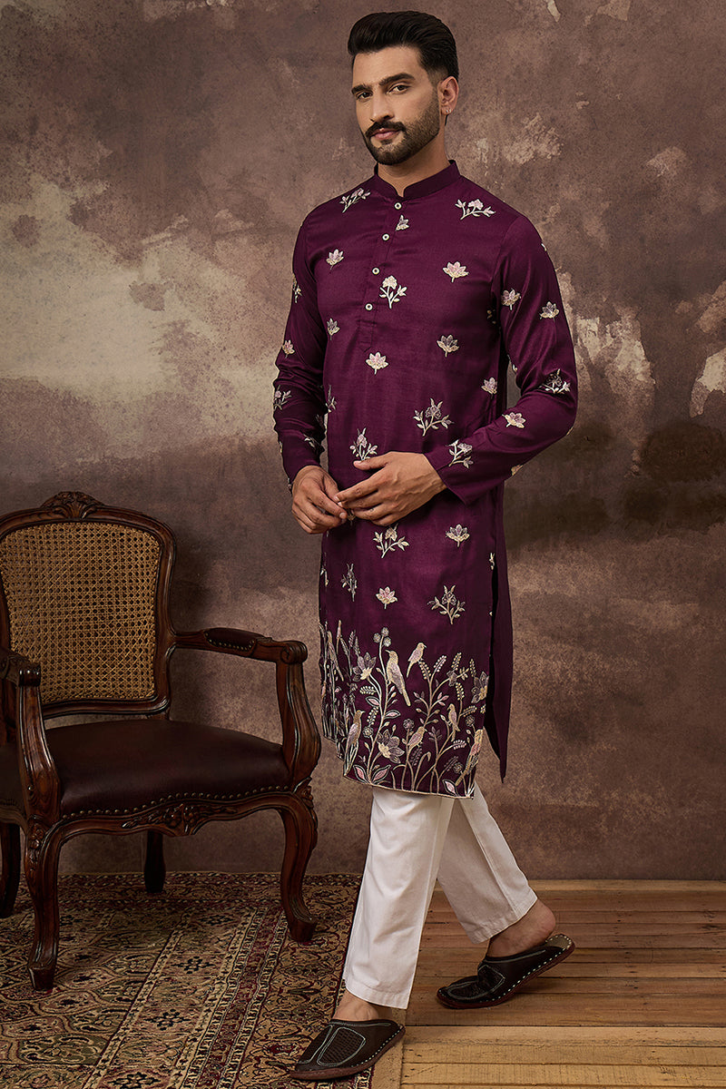 Purple Silk Blend Solid Embroidered Straight Kurta and Trouser | SHOBITAM