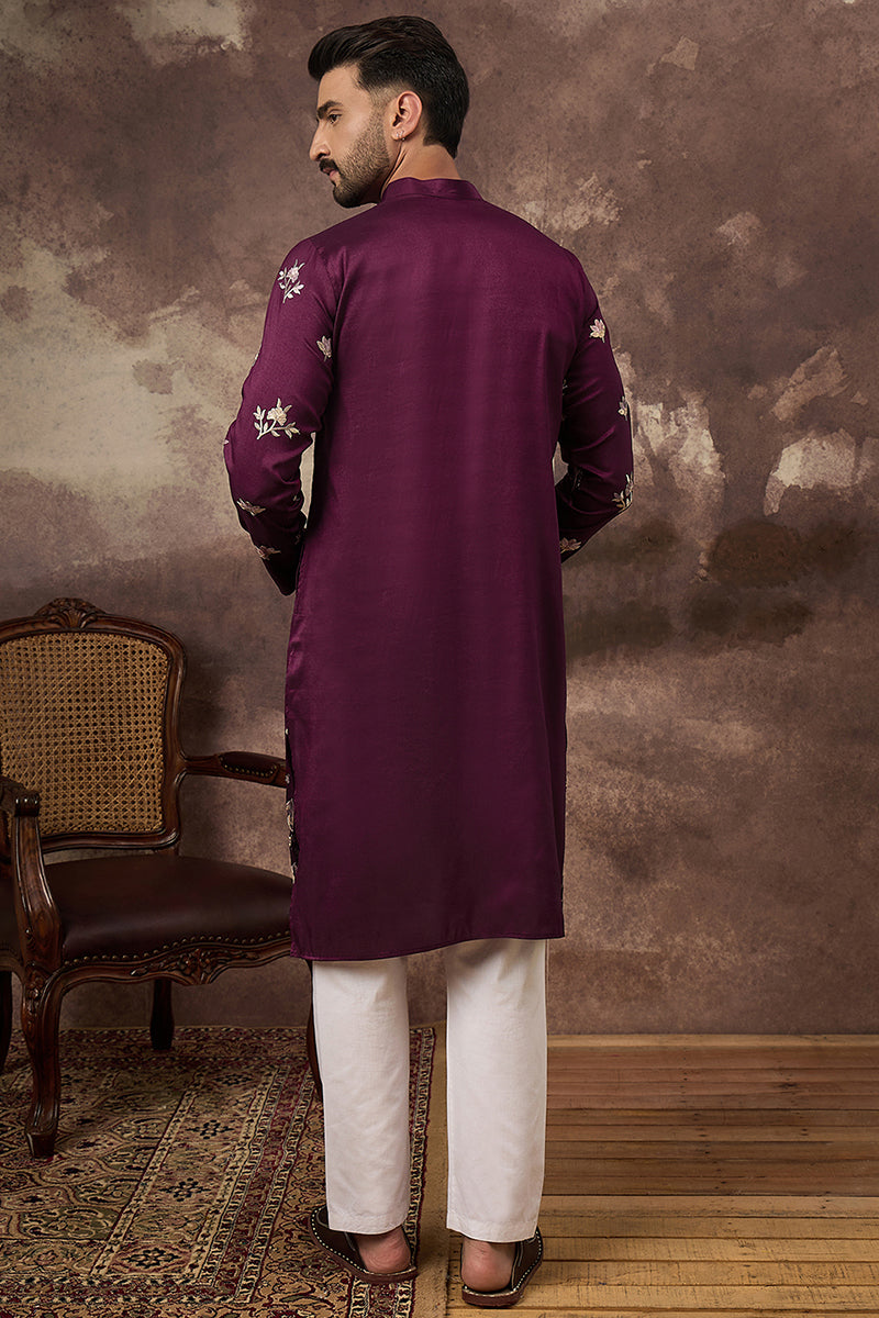 Purple Silk Blend Solid Embroidered Straight Kurta and Trouser | SHOBITAM