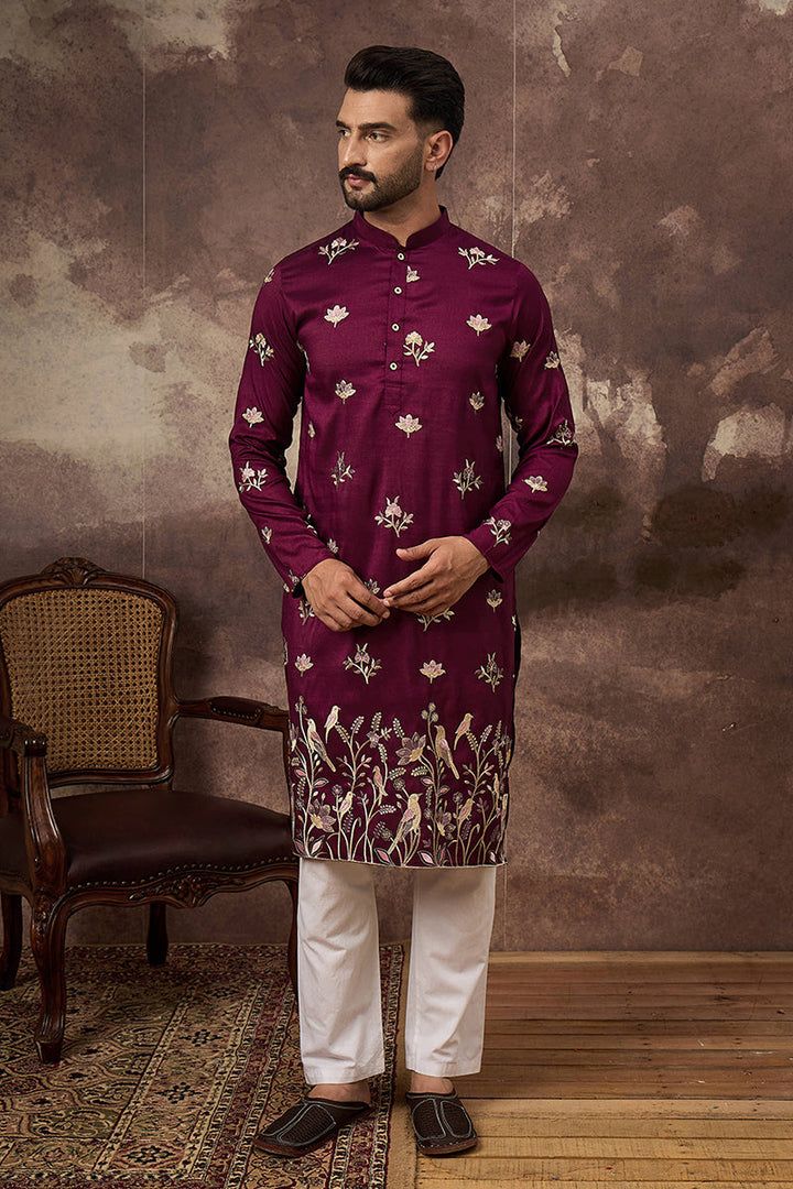 Purple Silk Blend Solid Embroidered Straight Kurta and Trouser | SHOBITAM