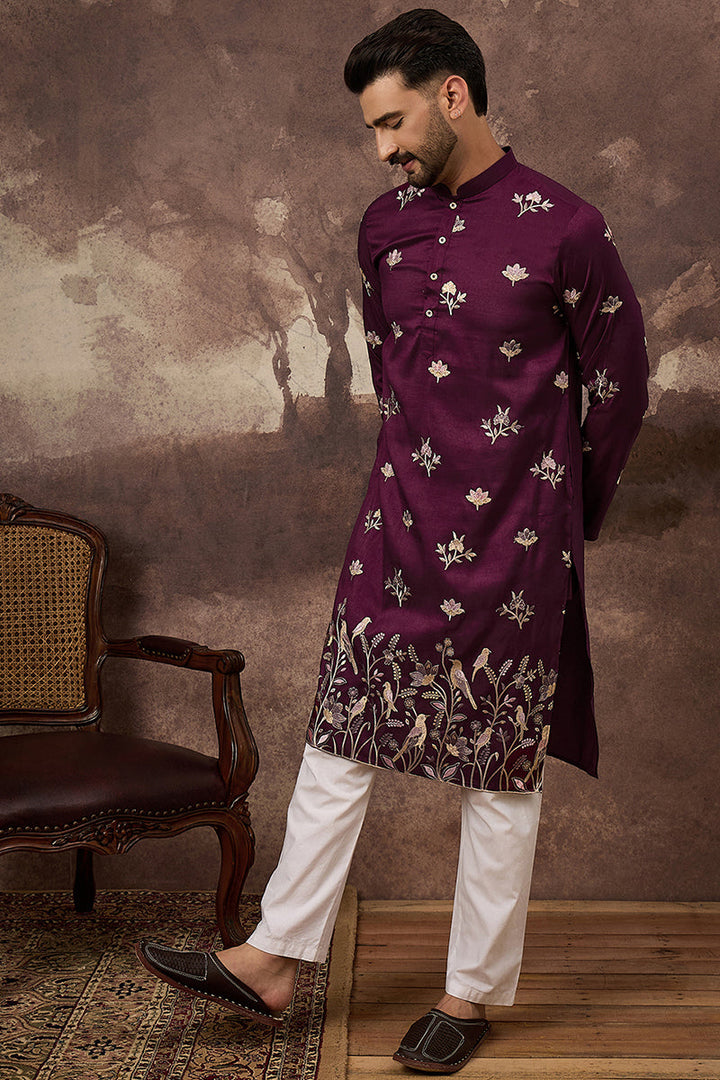 Purple Silk Blend Solid Embroidered Straight Kurta and Trouser | SHOBITAM