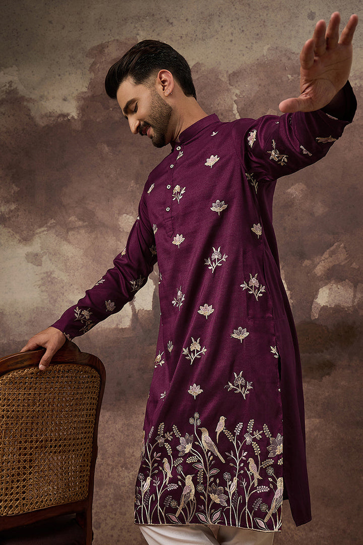 Purple Silk Blend Solid Embroidered Straight Kurta and Trouser | SHOBITAM