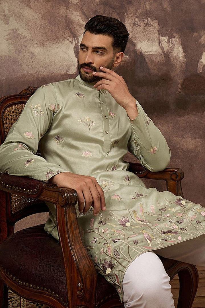 Green Silk Blend Solid Embroidered Straight Kurta and Trouser | SHOBITAM