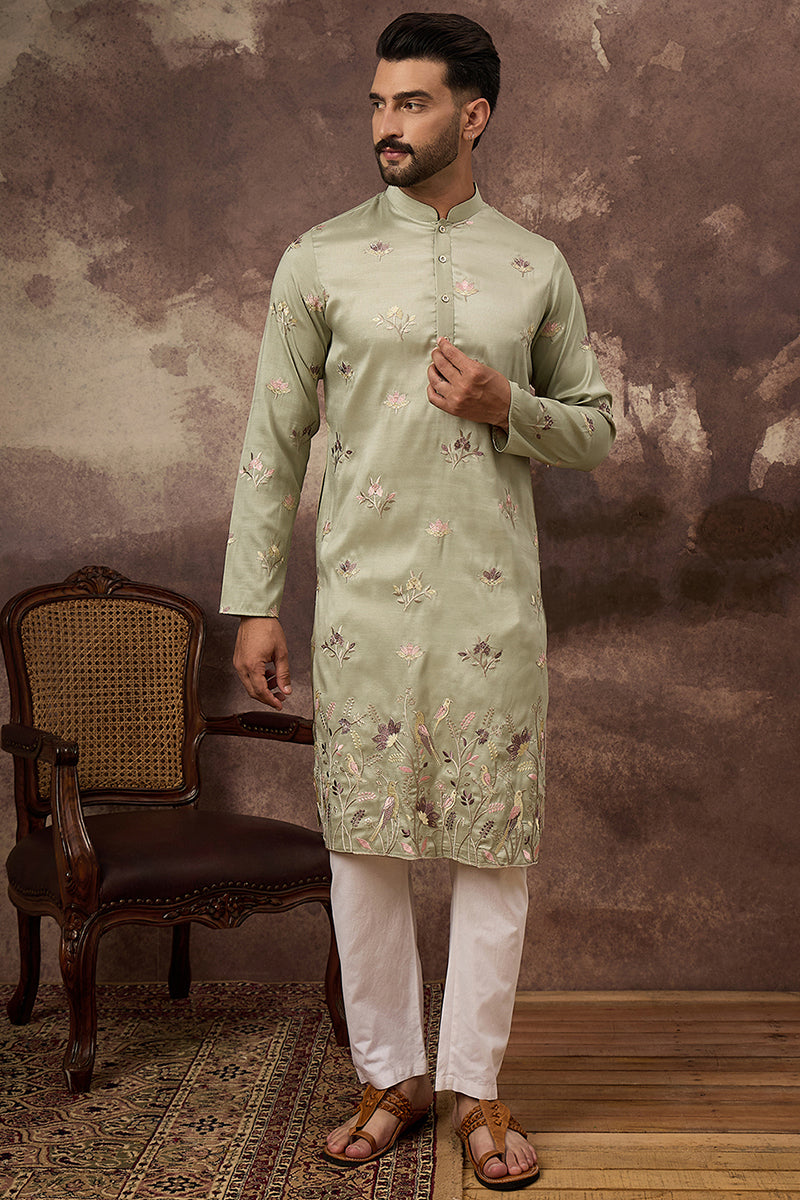 Green Silk Blend Solid Embroidered Straight Kurta and Trouser | SHOBITAM