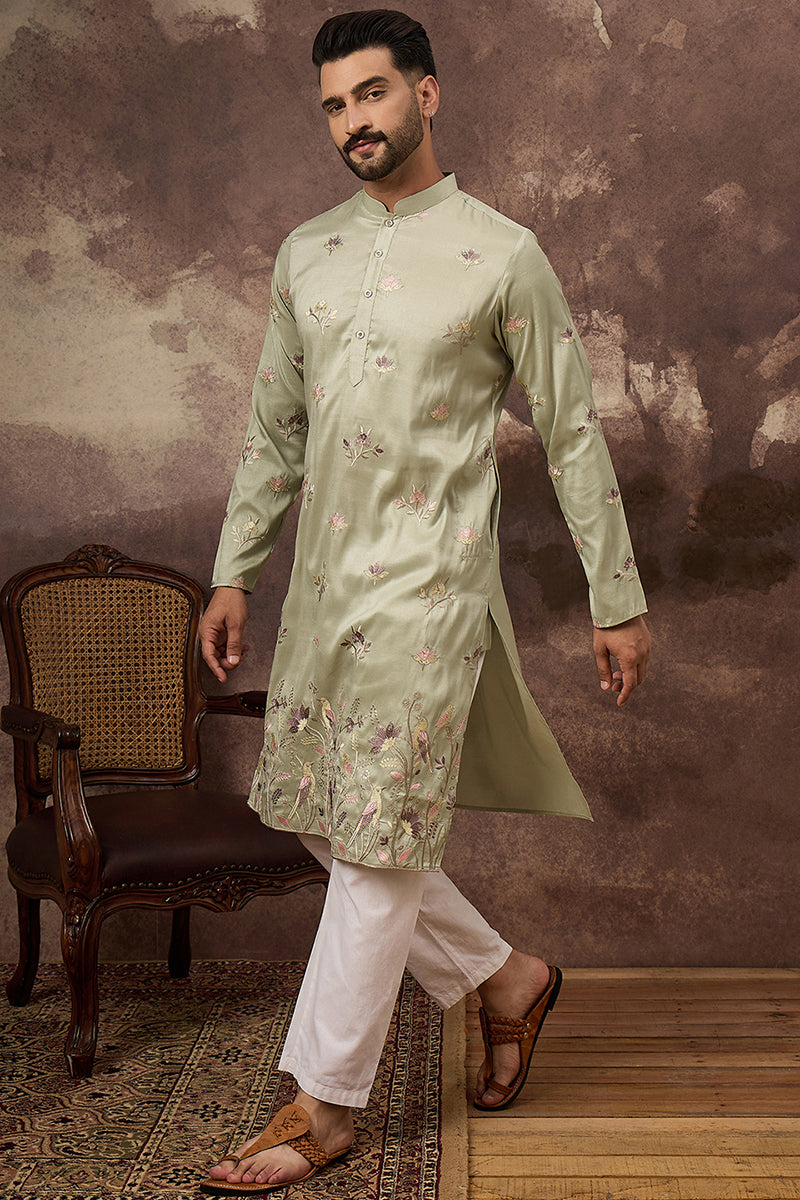 Green Silk Blend Solid Embroidered Straight Kurta and Trouser | SHOBITAM