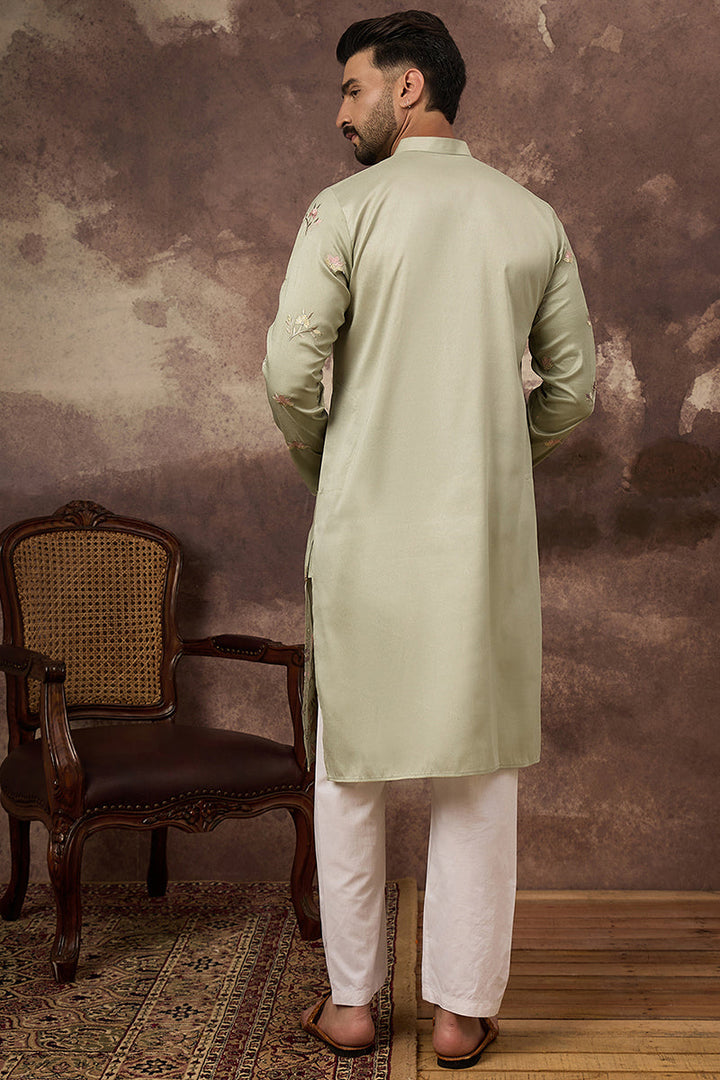 Green Silk Blend Solid Embroidered Straight Kurta and Trouser | SHOBITAM