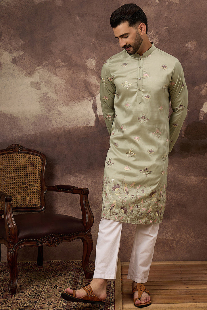Green Silk Blend Solid Embroidered Straight Kurta and Trouser | SHOBITAM