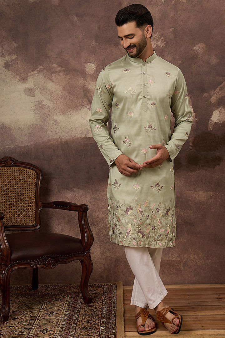 Green Silk Blend Solid Embroidered Straight Kurta and Trouser | SHOBITAM