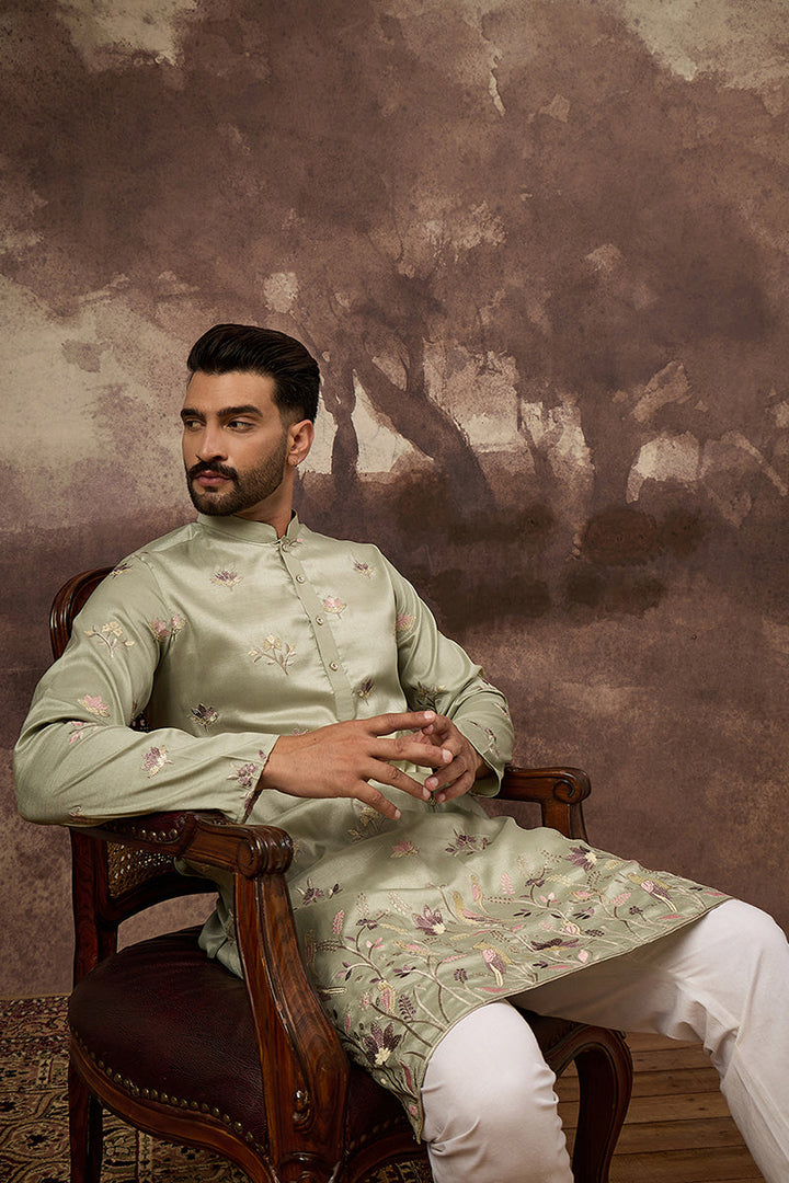 Green Silk Blend Solid Embroidered Straight Kurta and Trouser | SHOBITAM