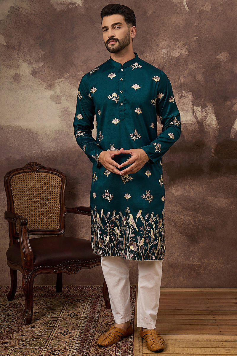Blue Silk Blend Solid Embroidered Straight Kurta and Trouser | SHOBITAM