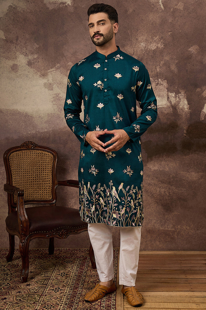 Blue Silk Blend Solid Embroidered Straight Kurta and Trouser | SHOBITAM