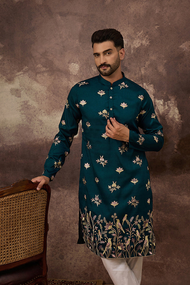 Blue Silk Blend Solid Embroidered Straight Kurta and Trouser | SHOBITAM