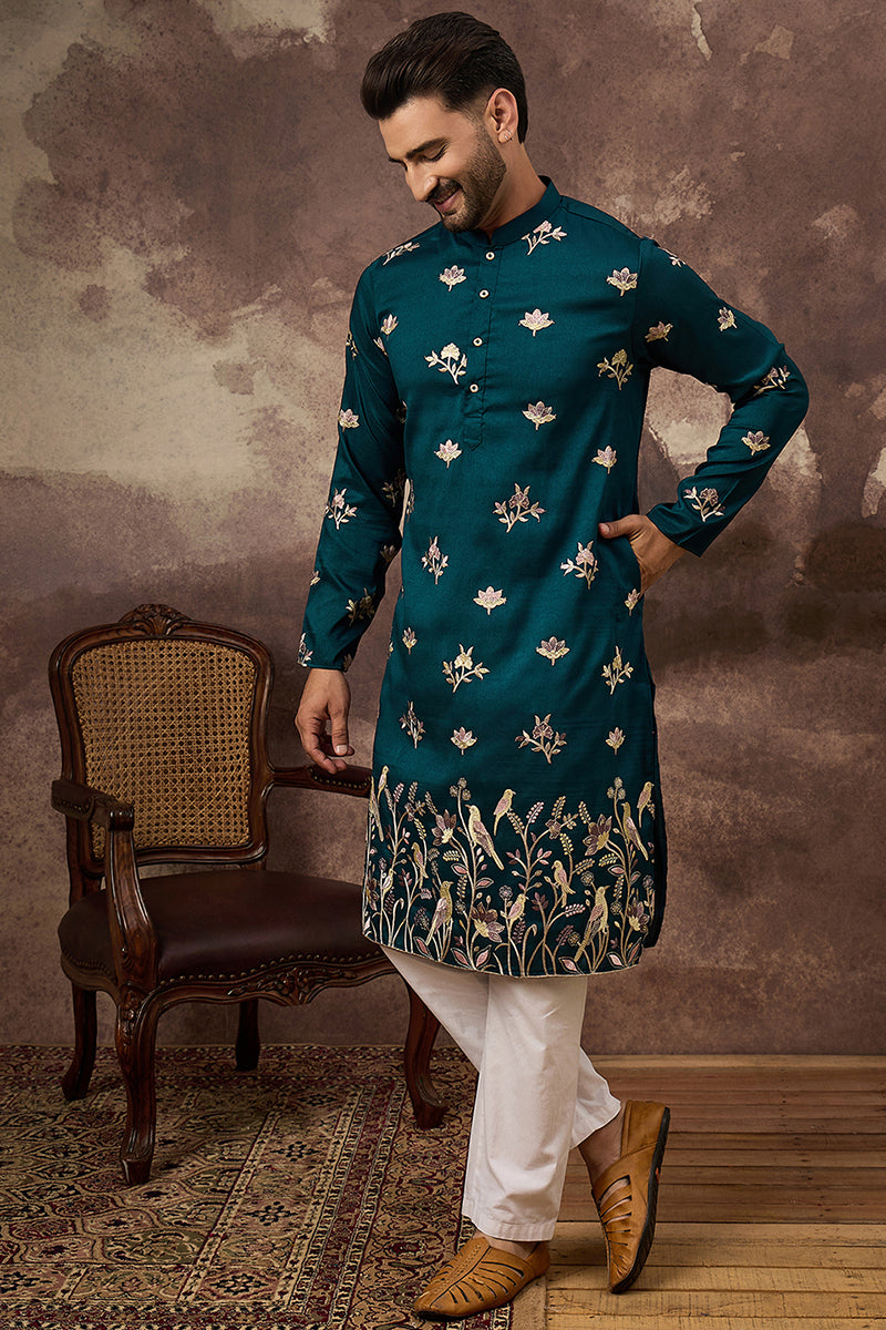 Blue Silk Blend Solid Embroidered Straight Kurta and Trouser | SHOBITAM
