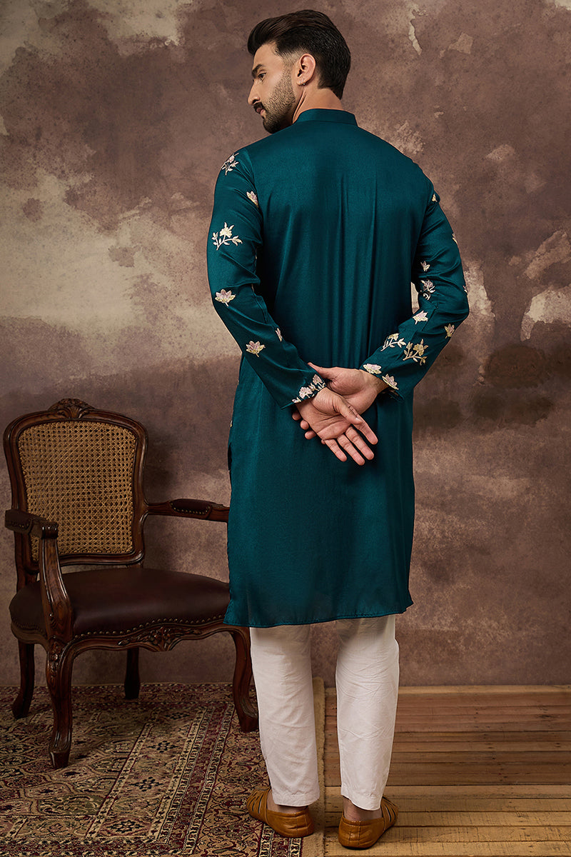 Blue Silk Blend Solid Embroidered Straight Kurta and Trouser | SHOBITAM
