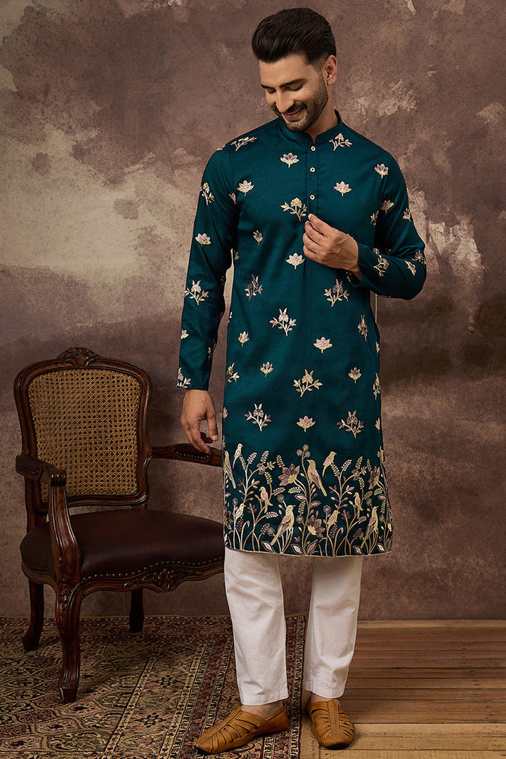 Blue Silk Blend Solid Embroidered Straight Kurta and Trouser | SHOBITAM