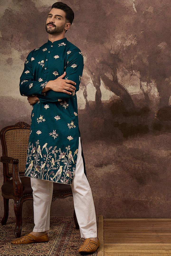 Blue Silk Blend Solid Embroidered Straight Kurta and Trouser | SHOBITAM