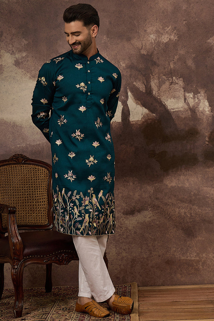 Blue Silk Blend Solid Embroidered Straight Kurta and Trouser | SHOBITAM