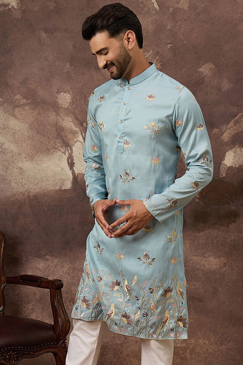 Blue Silk Blend Solid Embroidered Straight Kurta and Trouser | SHOBITAM