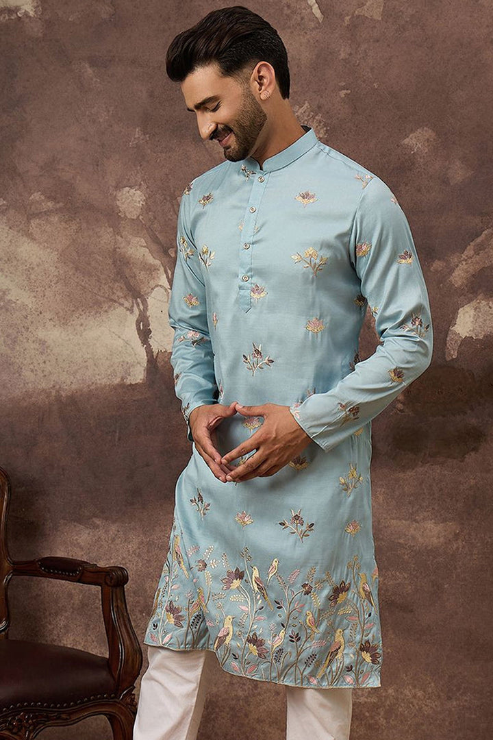Blue Silk Blend Solid Embroidered Straight Kurta and Trouser | SHOBITAM