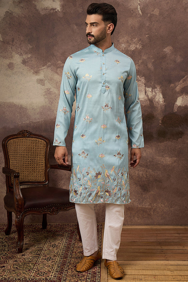 Blue Silk Blend Solid Embroidered Straight Kurta and Trouser | SHOBITAM