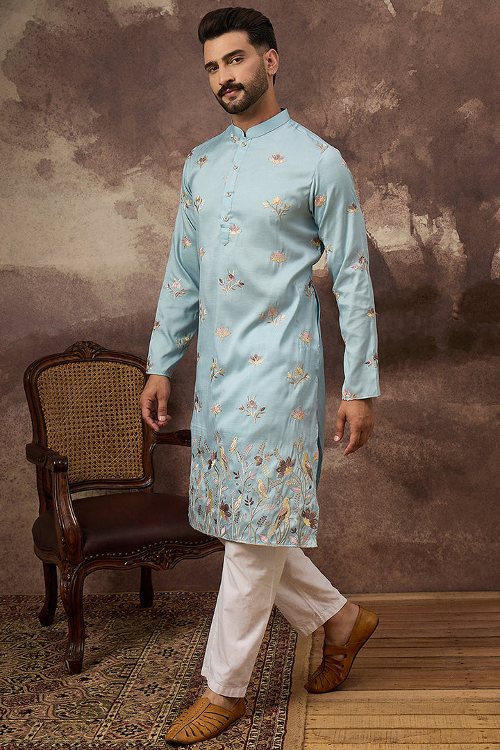 Blue Silk Blend Solid Embroidered Straight Kurta and Trouser | SHOBITAM