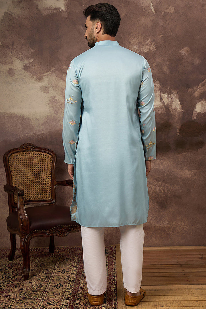 Blue Silk Blend Solid Embroidered Straight Kurta and Trouser | SHOBITAM