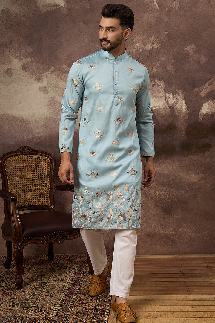 Blue Silk Blend Solid Embroidered Straight Kurta and Trouser | SHOBITAM