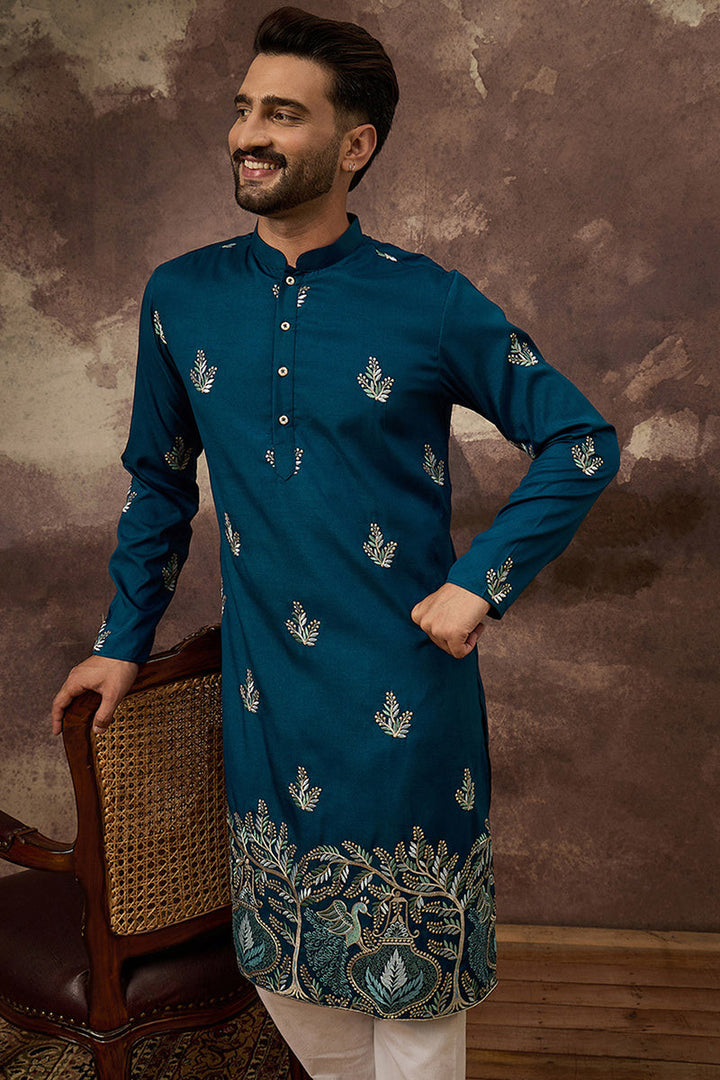 Blue Silk Blend Solid Embroidered Straight Kurta with Trouser  | SHOBITAM