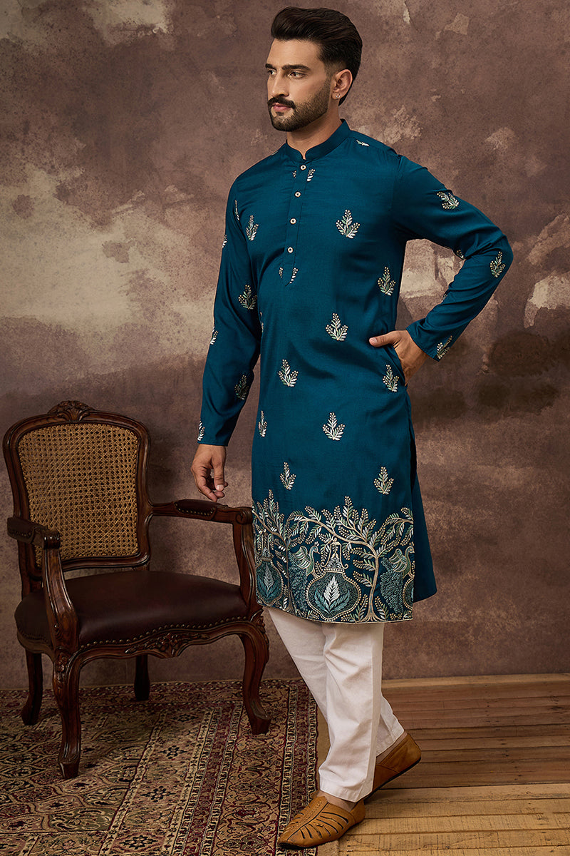 Blue Silk Blend Solid Embroidered Straight Kurta with Trouser  | SHOBITAM