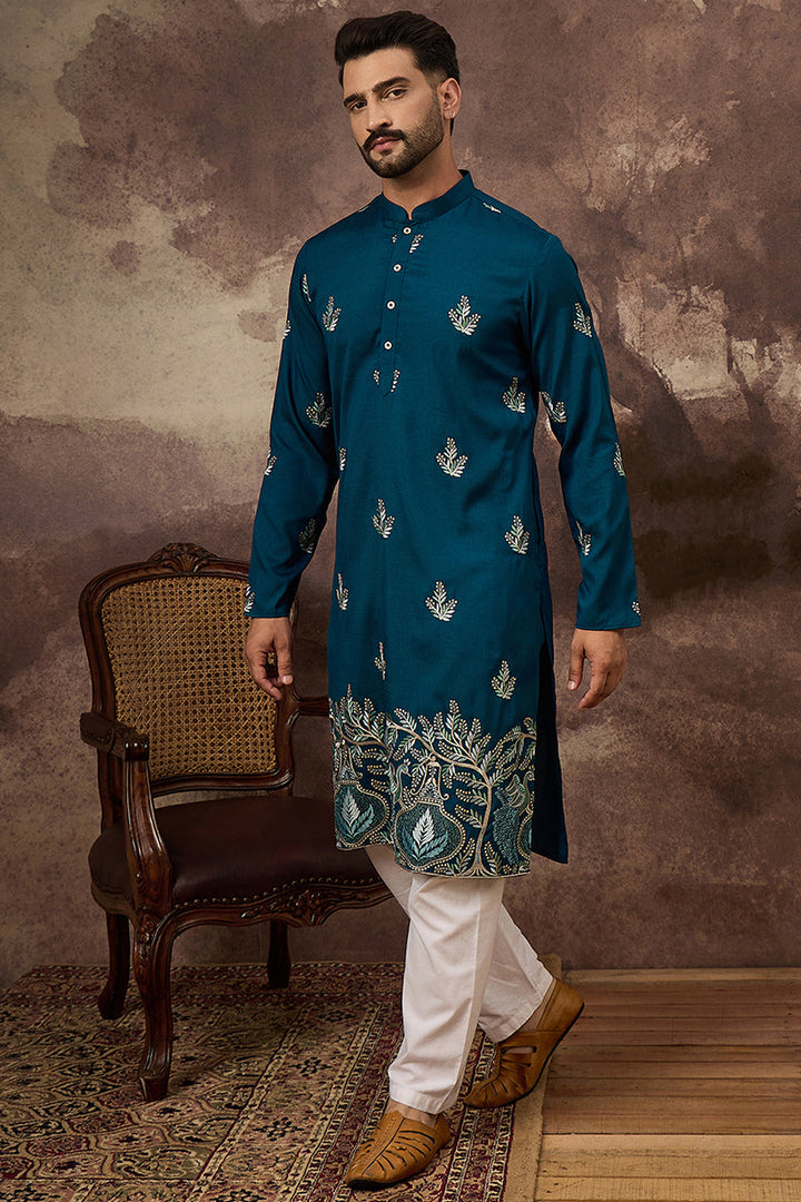 Blue Silk Blend Solid Embroidered Straight Kurta with Trouser  | SHOBITAM