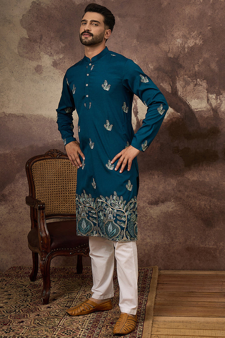 Blue Silk Blend Solid Embroidered Straight Kurta with Trouser  | SHOBITAM