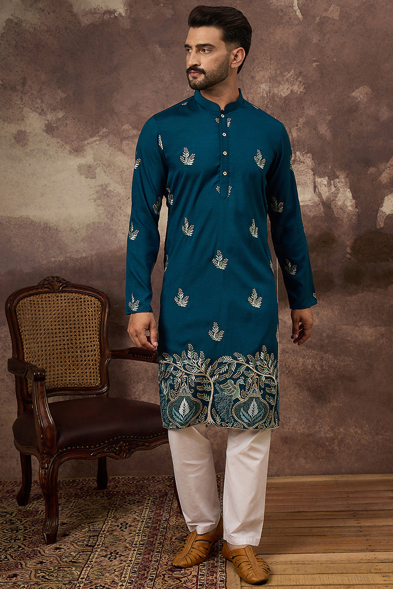 Blue Silk Blend Solid Embroidered Straight Kurta with Trouser  | SHOBITAM