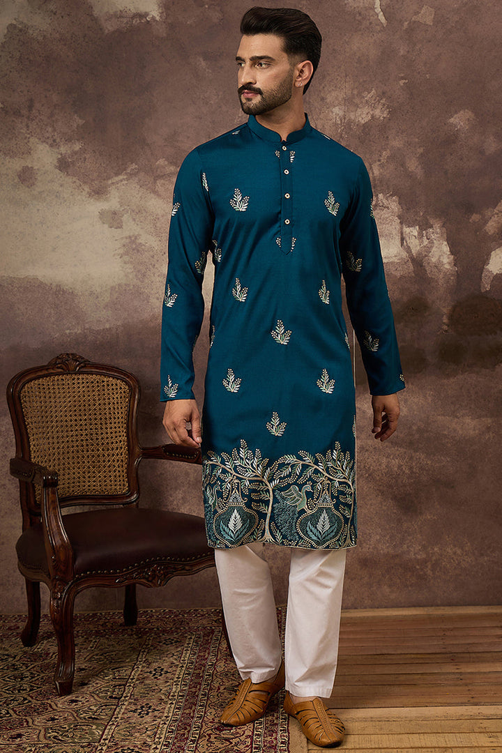 Blue Silk Blend Solid Embroidered Straight Kurta with Trouser  | SHOBITAM