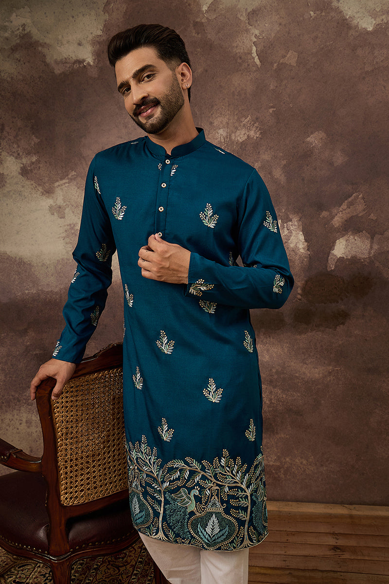 Blue Silk Blend Solid Embroidered Straight Kurta with Trouser  | SHOBITAM