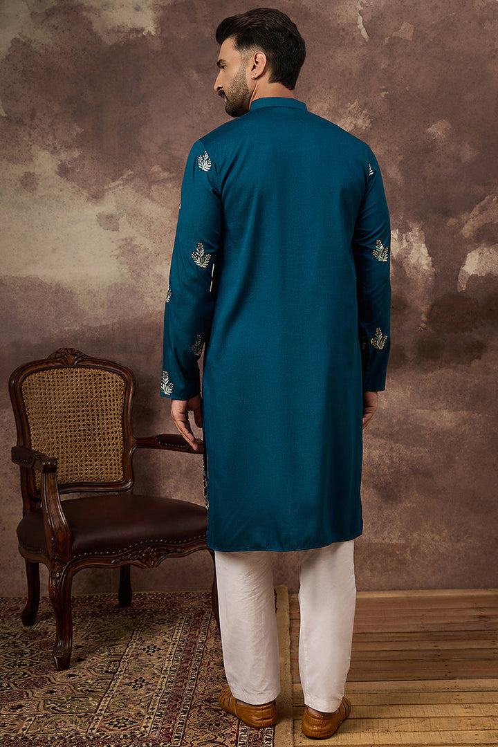 Blue Silk Blend Solid Embroidered Straight Kurta with Trouser  | SHOBITAM