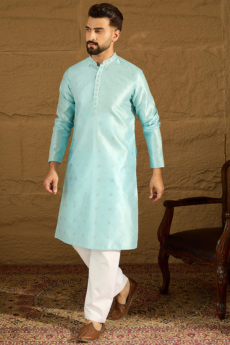 Blue Silk Blend Solid Woven Design Straight Kurta with Trouser | SHOBITAM