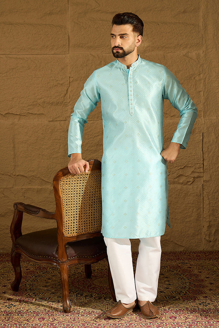 Blue Silk Blend Solid Woven Design Straight Kurta with Trouser | SHOBITAM