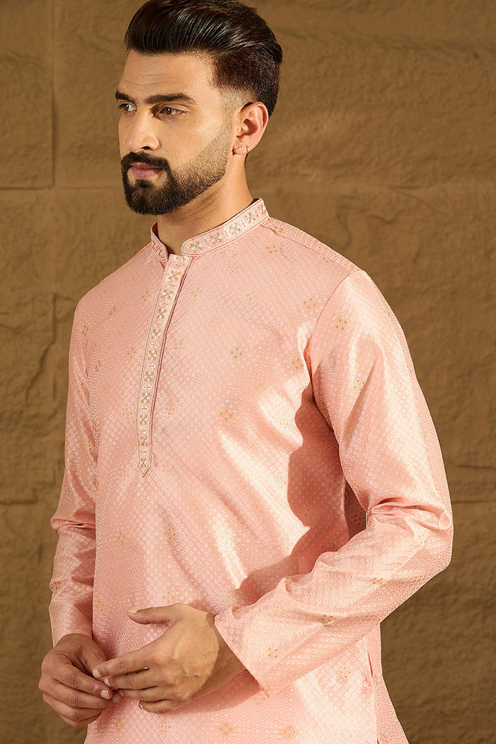 Peach Polyester Solid Embroidered Straight Kurta with Trouser | SHOBITAM