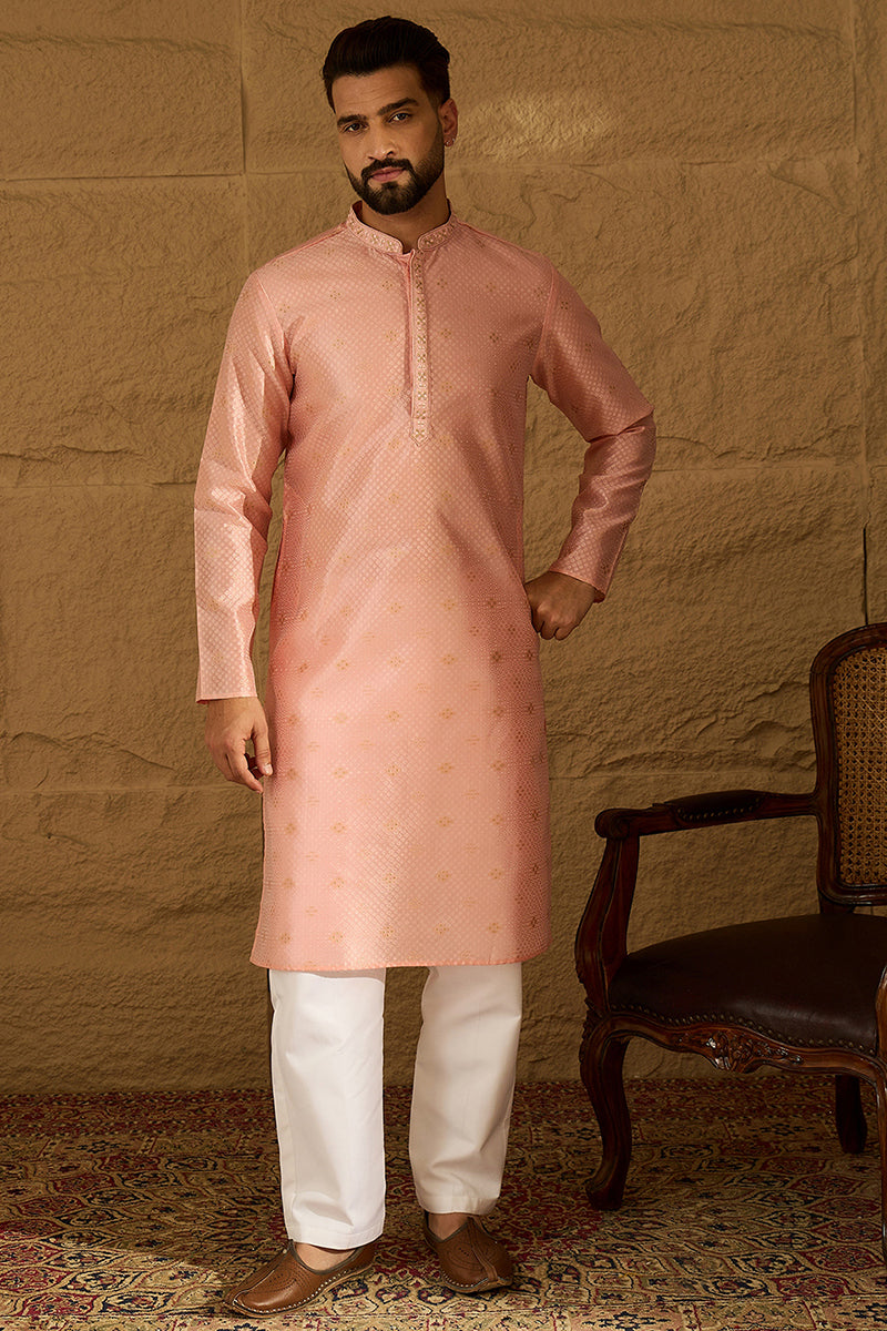 Peach Polyester Solid Embroidered Straight Kurta with Trouser | SHOBITAM