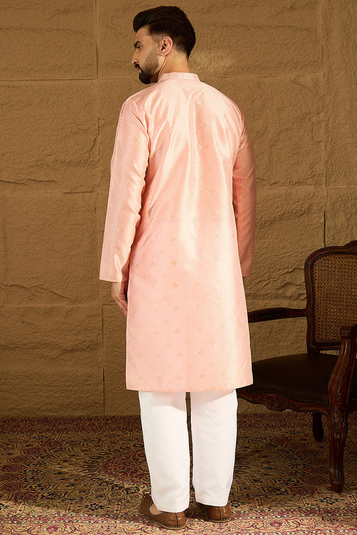Peach Polyester Solid Embroidered Straight Kurta with Trouser | SHOBITAM