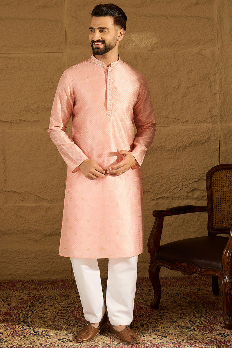 Peach Polyester Solid Embroidered Straight Kurta with Trouser | SHOBITAM