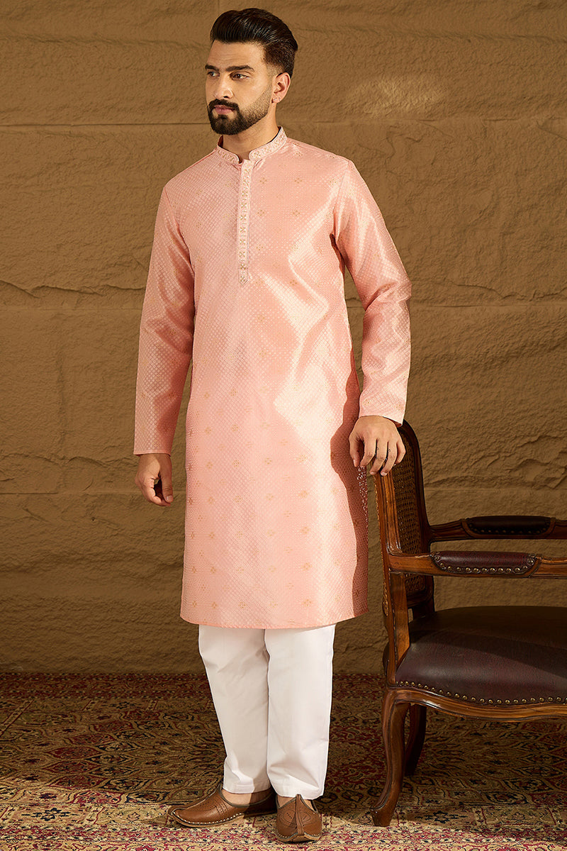 Peach Polyester Solid Embroidered Straight Kurta with Trouser | SHOBITAM