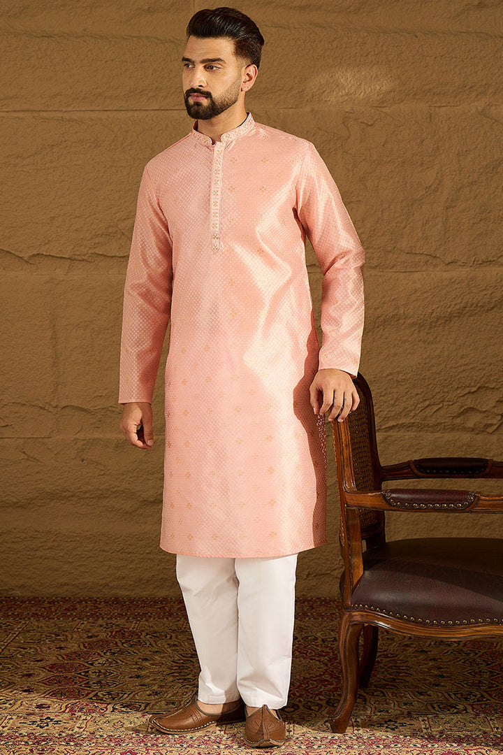 Peach Polyester Solid Embroidered Straight Kurta with Trouser | SHOBITAM