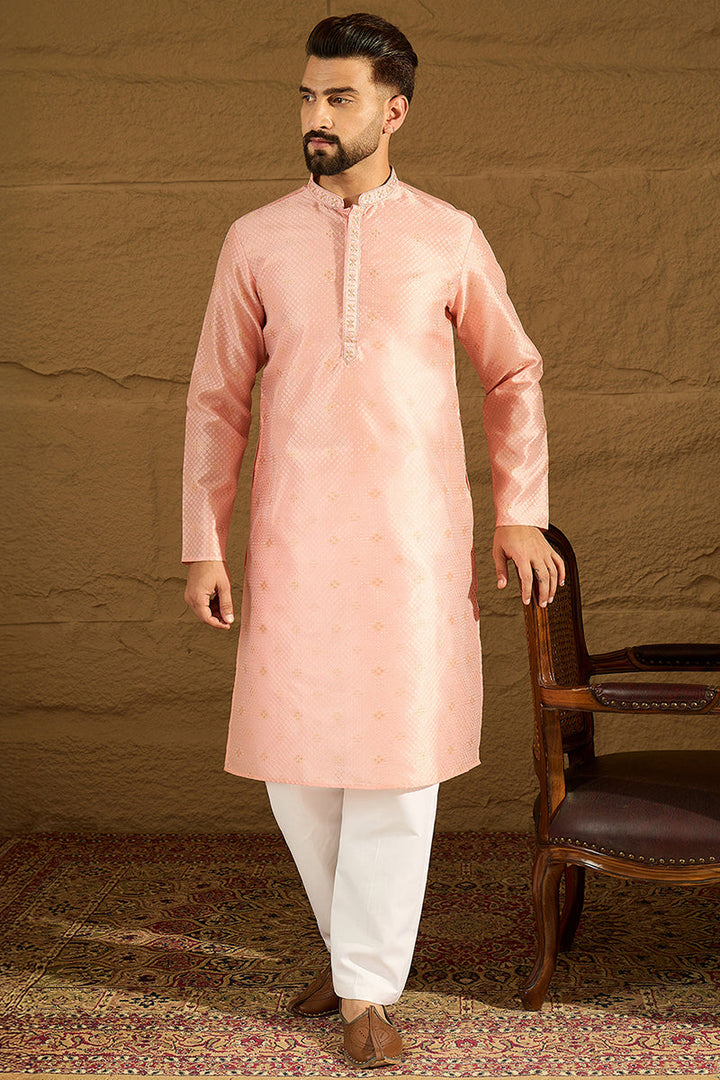 Peach Polyester Solid Embroidered Straight Kurta with Trouser | SHOBITAM