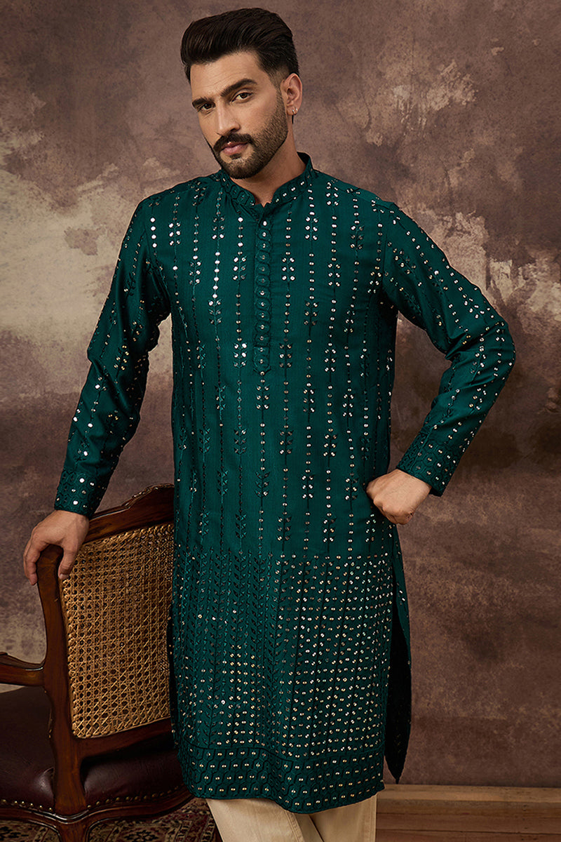Teal Silk Blend Solid Embroidered Straight Kurta With Pant Set | SHOBITAM