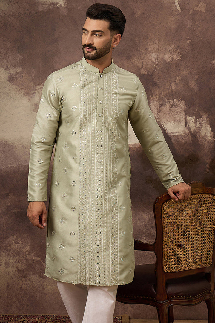 Green Silk Blend Solid Embroidered Straight Kurta With Pant Set | SHOBITAM