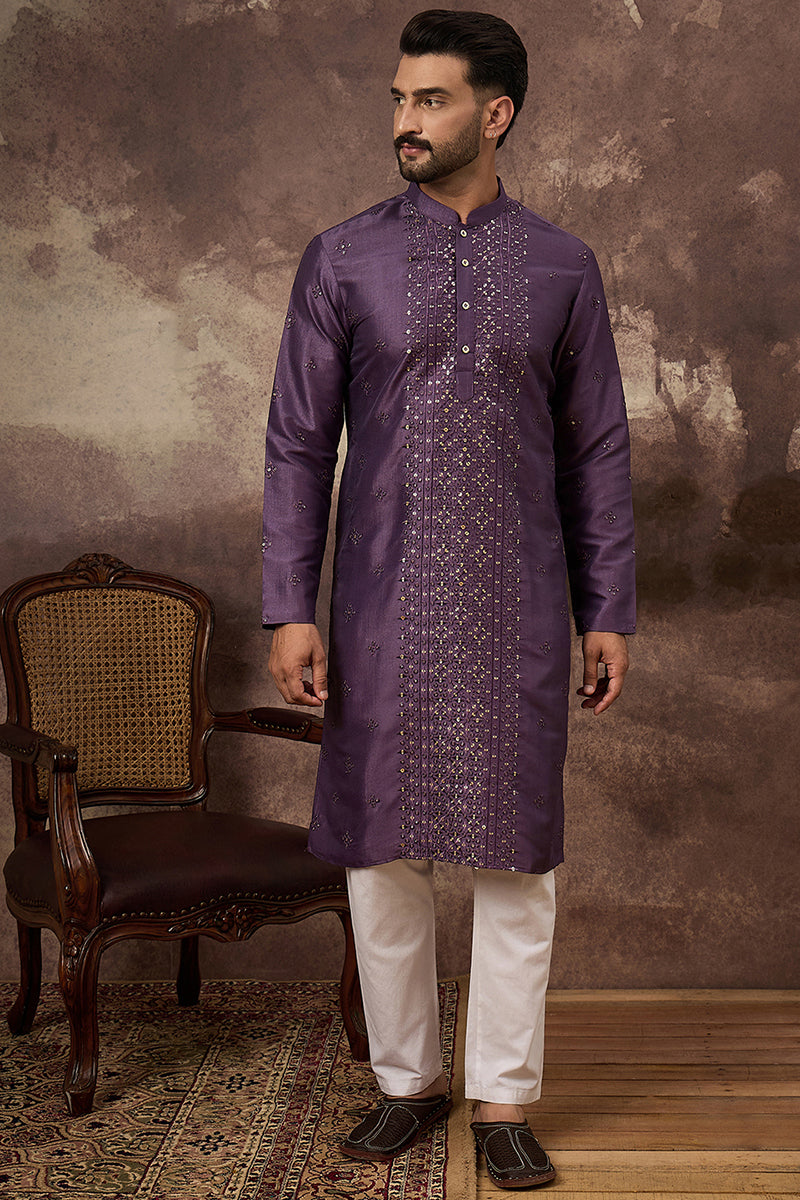 Purple Silk Blend Embroidered Sequins Straight Kurta with Trouser | SHOBITAM