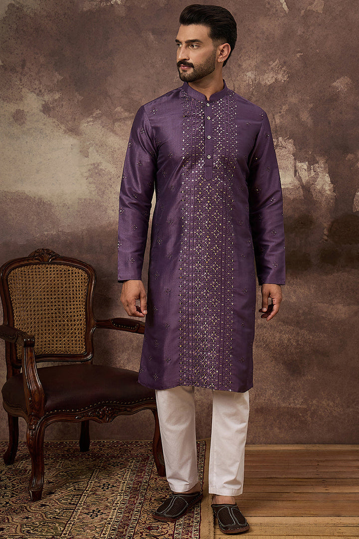 Purple Silk Blend Embroidered Sequins Straight Kurta with Trouser | SHOBITAM