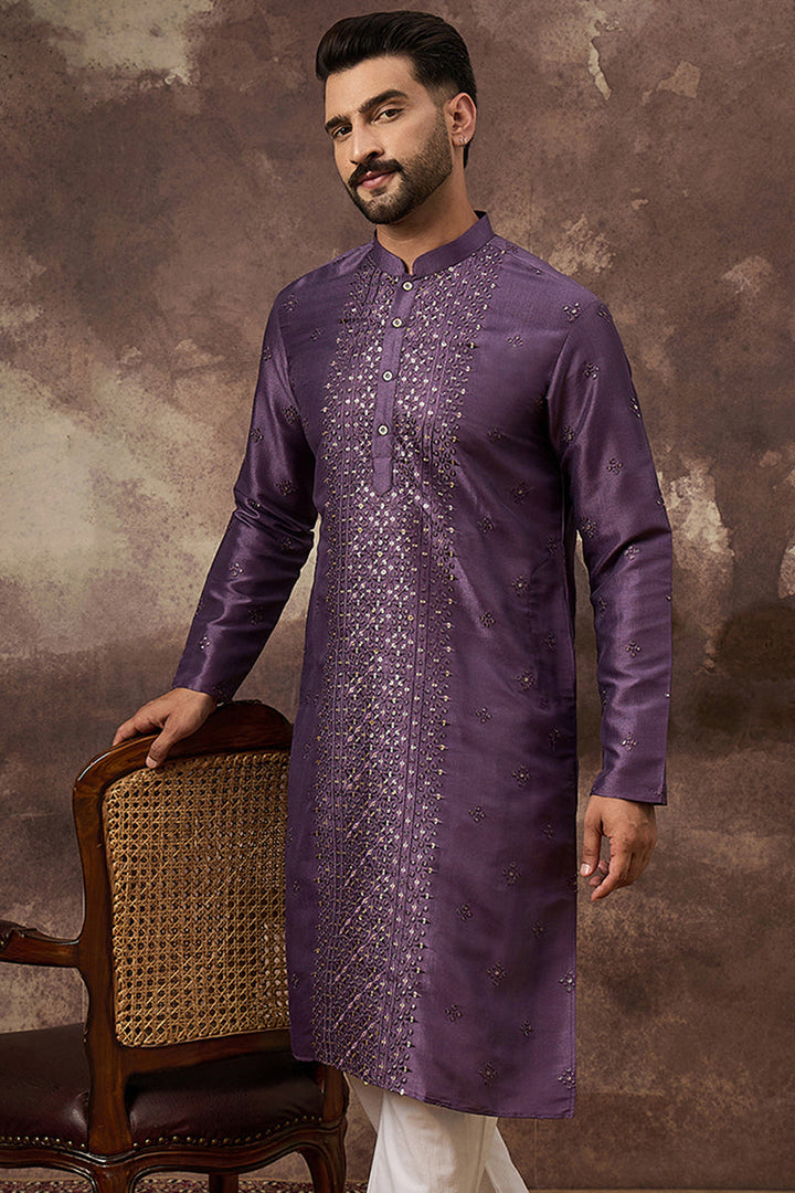 Purple Silk Blend Embroidered Sequins Straight Kurta with Trouser | SHOBITAM
