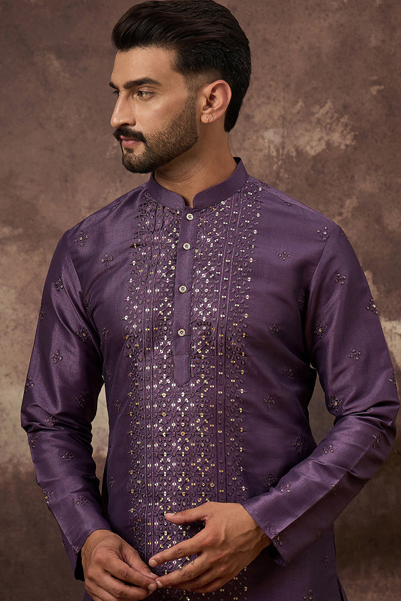 Purple Silk Blend Embroidered Sequins Straight Kurta with Trouser | SHOBITAM