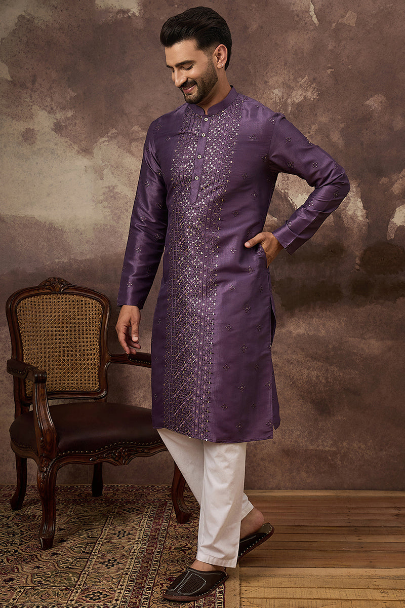 Purple Silk Blend Embroidered Sequins Straight Kurta with Trouser | SHOBITAM